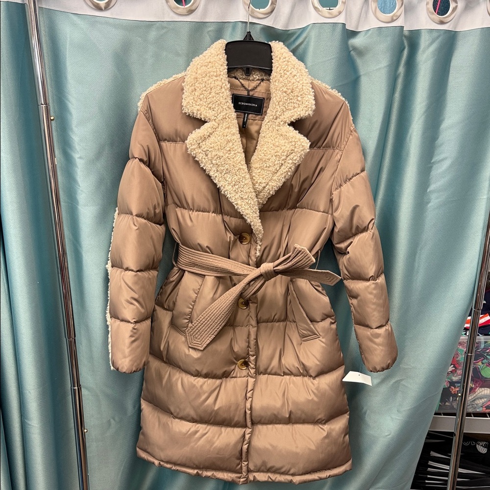 BCBGMaxAzria Tan Puffer Jacket with Shearling Trim SPL